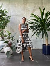 Load image into Gallery viewer, Jacquard Damask Dropped-Hem Dress in Black and White, House of Akachi