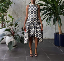 Load image into Gallery viewer, Jacquard Damask Dropped-Hem Dress in Black and White, House of Akachi