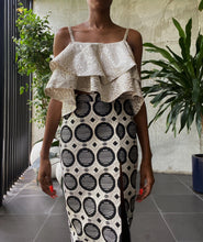Load image into Gallery viewer, Jacquard Damask Flounced Neckline Cold-Shoulder Ruffled Crop Top in White and Gold