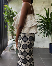 Load image into Gallery viewer, Jacquard Damask Flounced Neckline Cold-Shoulder Ruffled Crop Top in White and Gold
