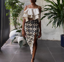 Load image into Gallery viewer, High-Rise Shape Deep Split Midi Skirt in Black and White