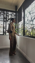 Load and play video in Gallery viewer, Crushed Satin Wide Leg Jumpsuit in Metallic Gold, House of Akachi