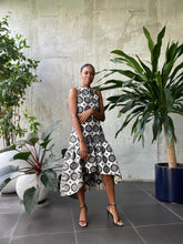 Load image into Gallery viewer, Jacquard Damask Dropped-Hem Dress in Black and White, House of Akachi
