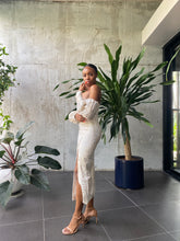 Load image into Gallery viewer, Damask Off-The-Shoulder Midi Dress | House of Akachi - Made to Order Fashion, Sustainable, Wedding Dress, Alternative Wedding Dress, Civil Wedding Dress, Non-Traditional Wedding Dress
